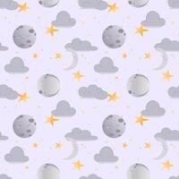 Pattern of moon phases, stars and clouds on light purple background. Night sky. illustration of starry sky with different moon shapes in pastel colors in cartoon style. vector