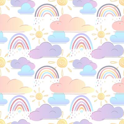Seamless pastel pattern with cute rainbows, clouds, raindrops, and suns. Hand-drawn style perfect for kids products, nursery decor, baby textiles, wrapping paper, and scrapbooking. Soft dreamy colors