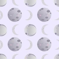 Pattern of moon phases, stars and clouds on light purple background. illustration of starry sky with different moon shapes in pastel colors in cartoon style. vector