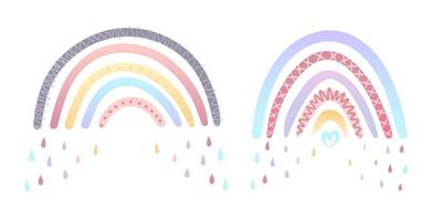 Set of two hand-drawn rainbow illustrations in soft pastel colors. One rainbow features warm pink and violet tones with cute heart and scallop details, while the other has blue and pink accents vector