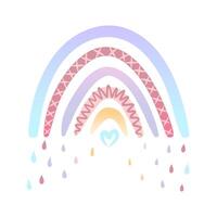 Hand drawn illustrations of rainbows in soft pastel colors. In warm pinks and purples with cute hearts and scallops and in blue and pink accents with delicate raindrops. Perfect for use in children's vector