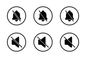 Silent bell and mute speaker icon set on circle line. Off sound and no audio sign symbol vector