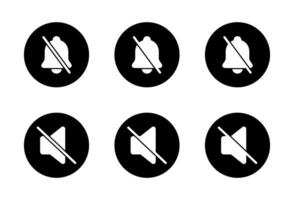 Silent bell and mute speaker icon set on black circle. Off sound and no audio sign symbol vector
