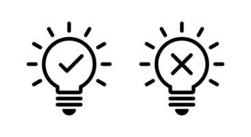 Light bulb with check and cross mark icon in line design. Creativity and stagnation sign symbol vector