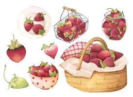Set of Strawberry Watercolor Picnic Basket with Rustic Farm Style and Cottagecore Charm vector