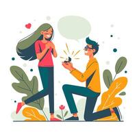 Man proposing to woman by kneeling and holding box with ring in hands. Color illustration in flat style. vector
