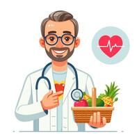 Smiling doctor in a white coat holds a basket with vegetables and fruits. Colored illustration in a flat style. vector