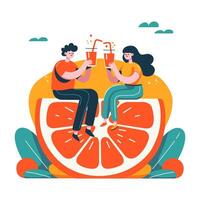 Man and woman sitting on a huge orange and holding glasses filled with freshly squeezed juice. Simple bright illustration in flat style. vector