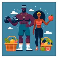 Man and woman. Athletes in sportswear and shoes, in good physical shape. Baskets filled with vegetables and fruits. vector