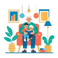 A man reads a book to two boys while sitting in a comfortable chair in a cozy home environment with good room lighting. vector