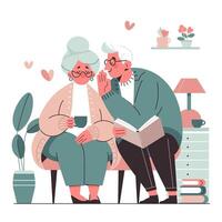 Happy elderly married couple sitting in home environment and chatting while reading a book and drinking tea. vector