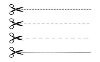 A set of scissors with various cutting lines. Black scissors cutting vector