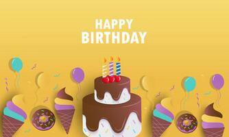 happy birthday cake with ice cream and donuts on yellow background vector