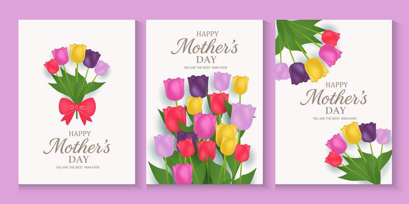 set of mothers day greeting card poster banners with flowers on purple background