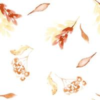Seasonal watercolor seamless pattern colors of fall with delicate watercolor leaves, branch and berries in warm brown tones. Hand-painted seasonal background soft orange for autumn design. vector