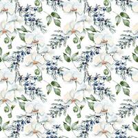 Floral seamless pattern with coniferous plants and blue berries. White orchids, juniper and leaves holly in neutral watercolor isolated. Evergreen branches and flowers hand drawn for design textile. vector