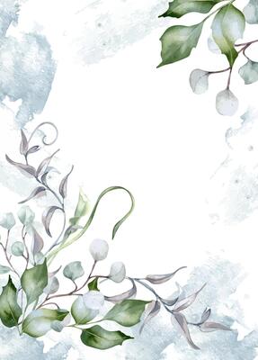 Border with pastel leaves eucalyptus on light blue watercolor stains isolated. Branches holly dusty green on leafy frame hand drawn. Twigs vine, liana for greenery design wedding, template.