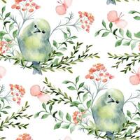 Green yellow tiny birds round in floral elements hand drawn watercolor seamless pattern isolated. Design home textile with butterfly, birdie and simple flowers in sketch. Cute avian background vector