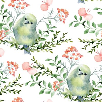 Green yellow tiny birds round in floral elements hand drawn watercolor seamless pattern isolated. Design home textile with butterfly, birdie and simple flowers in sketch. Cute avian background