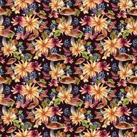 Watercolor colorful autumn seamless pattern with forest bolete, berries, flowers, and butterfly isolated. Floral repeated background of fall leaves, chokeberry rowan hand painted for seasonal design. vector