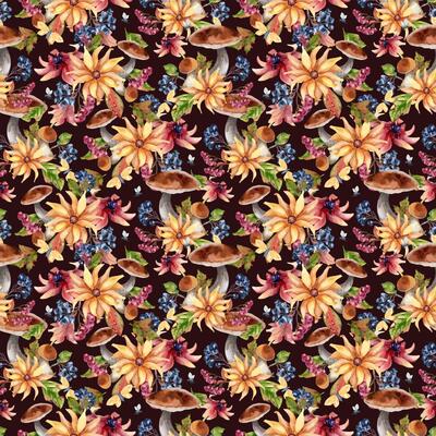 Watercolor colorful autumn seamless pattern with forest bolete, berries, flowers, and butterfly isolated. Floral repeated background of fall leaves, chokeberry rowan hand painted for seasonal design.