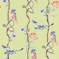 Birds of red, blue colors on repeating branches by watercolor isolated. Nature background with seamless tree and hearts form, flowers, birdie hand painted. Pattern design for wallpaper, textile vector