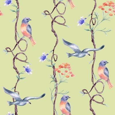 Birds of red, blue colors on repeating branches by watercolor isolated. Nature background with seamless tree and hearts form, flowers, birdie hand painted. Pattern design for wallpaper, textile