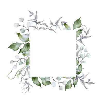 Greenery frame of holly branches delicate watercolor isolated. Foliage border of curly vine and twigs hand drawn in sage green. Bunch leaves for nature design packaging, wedding stationary, card.