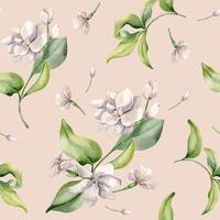 Watercolor seamless pattern of jasmine bunch, buds, petals isolated. Botanical repeated texture hand drawn in pale pink colors. Flowers of gardenia background for design textile, package, wrapping vector