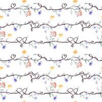 Tree branches with simple flowers watercolor seamless pattern isolated. Nature design on repeated background with delicate blue red floral and twigs hand drawn for textile, wrapping paper, wallpaper vector