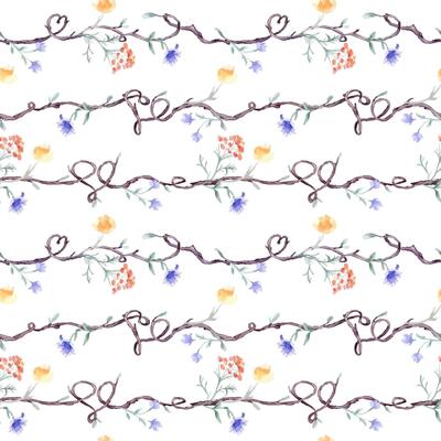 Tree branches with simple flowers watercolor seamless pattern isolated. Nature design on repeated background with delicate blue red floral and twigs hand drawn for textile, wrapping paper, wallpaper