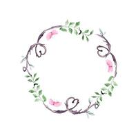 Romantic circle frame of shaped heart by twig in watercolor painted isolated. Delicate branch with simple green leaves and butterflies on wreath hand drawn. Natural designs for Valentine, wedding. vector