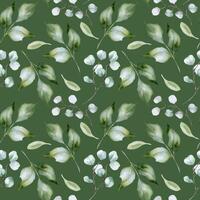 Pale green watercolor seamless pattern of holly leaves isolated. Foliage texture repeated of twigs and branches hand drawn in soft green. Greenery background for design textile, wallpaper, package. vector