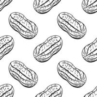 Seamless black and white peanut pattern in outline hand-drawn style vector