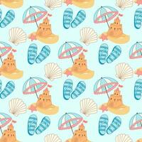 Seamless summer pattern with sandcastles, seashells, starfish and flip flops vector