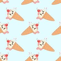 Cute seamless pattern of kawaii ice cream cones with cherry topping for summer vector