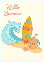 Hello Summer beach scene with surfboard and sandcastle vector