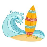 Bright colorful illustration of surfboard on tropical beach with big ocean wave vector