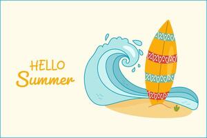 Hello summer greeting card with colorful surfboard and ocean wave illustration vector