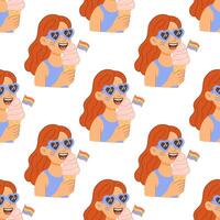 Seamless pattern of pride girl with rainbow ice cream vector