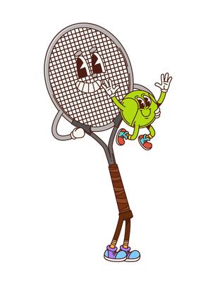 Tennis ball and racket sport groovy character
