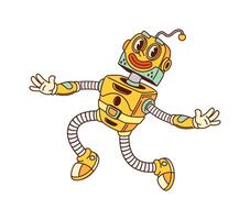 Cartoon groovy robot and droid happily jumping vector