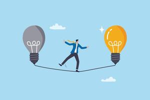 Change or leadership transition, progress to new idea, business direction or discover opportunity, solution to solve problem, challenge concept, businessman walk from old to bright lightbulb idea. vector