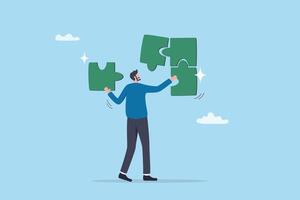 Solve puzzle problem, think of solution, finish or accomplishment, creativity idea or challenge, connect jigsaw piece to resolve work or business trouble, complete jigsaw puzzle. vector