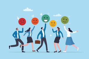 Satisfaction rating, customer feedback review or client survey, employee emotion raking, angry, sad or like, marketing review concept, customer or employee with emoji emotion as user satisfaction. vector