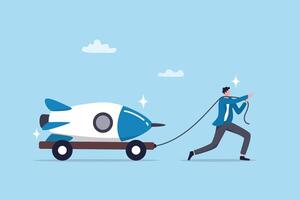 Entrepreneur initiative idea, ambition to push effort to success, start new business or company with creativity development, innovation or invention concept, businessman pull new creative rocket. vector