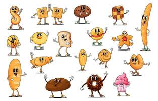 Funny groovy bread and bakery desserts characters vector