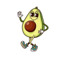 Walking avocado fruit half groovy funny character vector