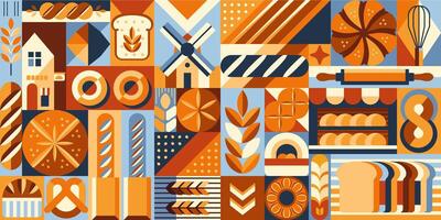 Geometric bread and pastry mosaic retro pattern vector