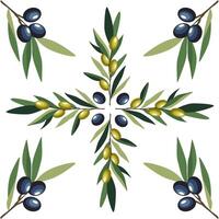 Mediterranean Olive Tree Sprigs on Tile. Flat Seamless Pattern. vector